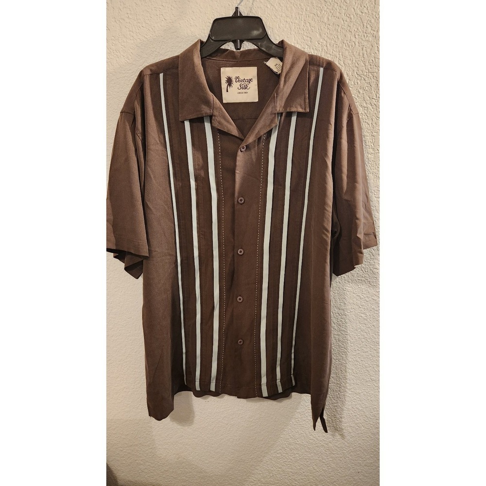 Vintage Silk camp collar short sleeve button shirt brown size XXL blue Stripes